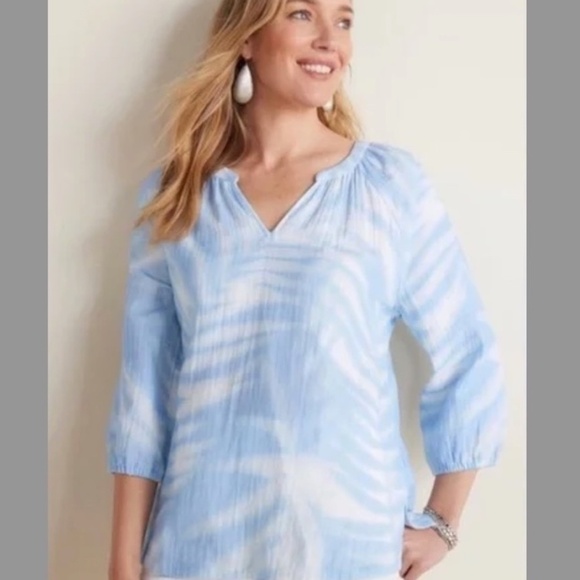 Soft Surroundings Tops - Soft Surroundings Womens Blaine Gauze Pullover 100% Cotton Blue Palms Size XL